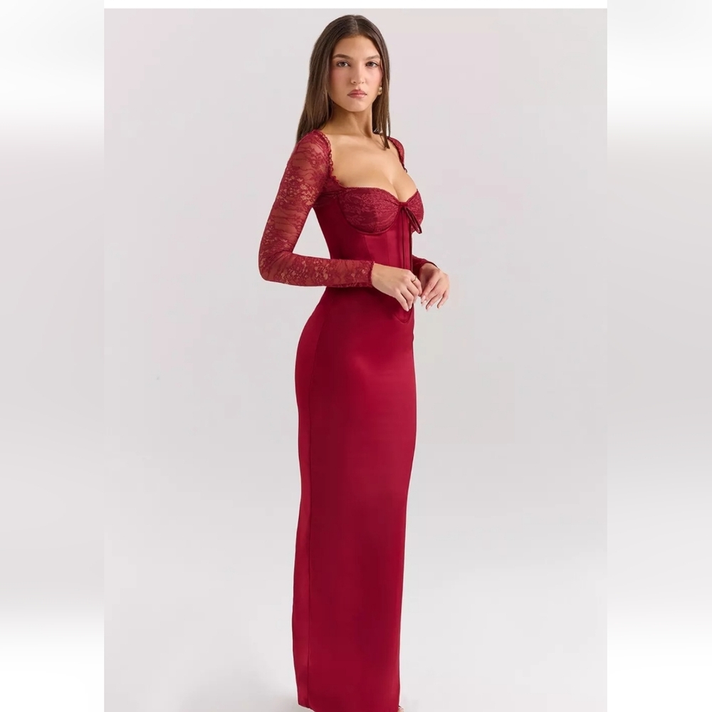 House Of CB Perdi Elegant Red Lace Long Sleeve Dress - Picture 3 of 10